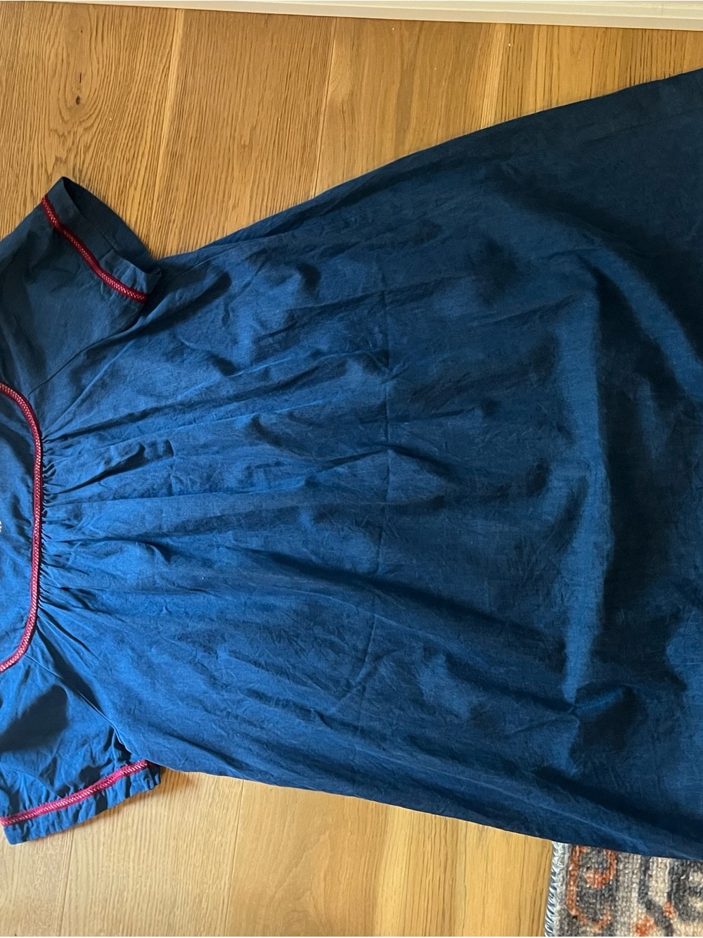 Cottagecore Denim Owl Embroidered Navy Midi Dress with Red Trim - Picture 6 of 6
